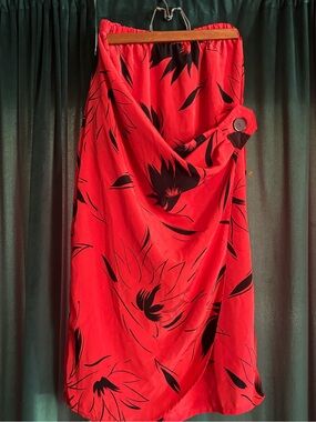 Vintage Red Wrap Skirt with Black Floral Print